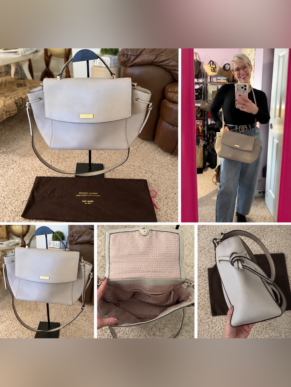 Kate Spade Taupe Flap Satchel Crossbody with Dust Bag
